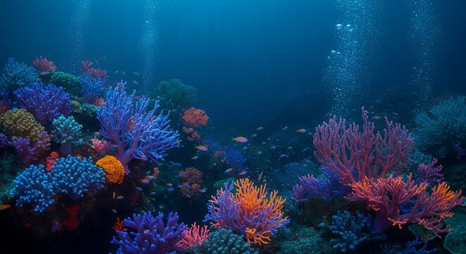 Glowing coral forest in deep ocean