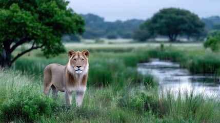Obraz premium Majestic Lion Standing Tall in Grassy Savanna Under Overcast Sky Surrounded by Lush Greenery and Water Reflections Wildlife Photography