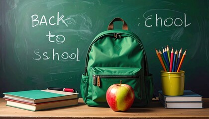 A green backpack, pencils, books, and a ripe apple stand before a school chalkboard with 'Back to School' scrawled on it in white chalk