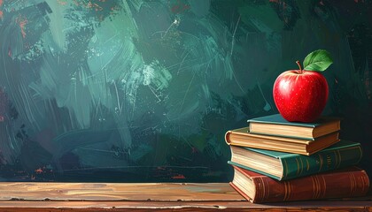 A stack of old, colorful books sits with a bright red apple against a dark green chalkboard background