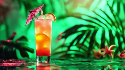 Vibrant tropical drink with umbrella garnish in colorful, exotic setting - Powered by Adobe