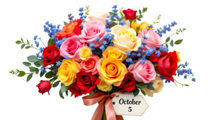 Colorful Rose Bouquet with October 5th Tag, isolated on transparent background