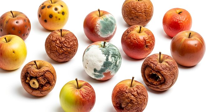 A collection of apples with varied stages of decomposition and ripeness