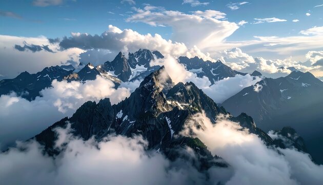 Scenic mountain peaks pierce soft, low-lying clouds under a bright, partly cloudy sky, a majestic and tranquil natural landscape