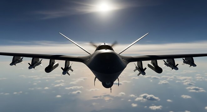 Advanced combat drone soaring above the clouds on patrol mission