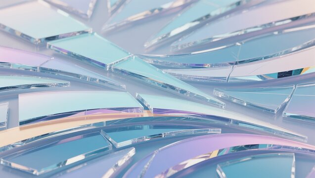 Close-up view of abstract glass shards featuring soft pastel reflections, showing smooth curved edges and layered transparency under bright lighting within the modern setting