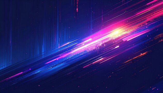 An abstract display shows dynamic streaks of light in gradients of vivid blue, purple, and pink across a dark backdrop