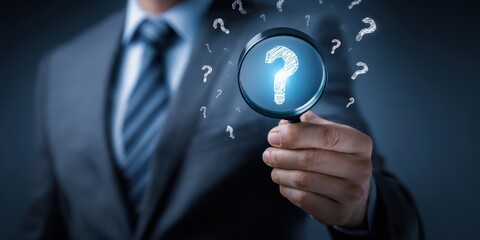 The Business Professional Holding a Magnifying Glass Over a Question Mark