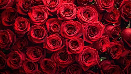 Dense arrangement of deep red roses, forming an opulent floral tapestry with varying depths and textures, capturing elegance and romantic beauty