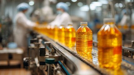 A line of bottles of oil are being made in a factory