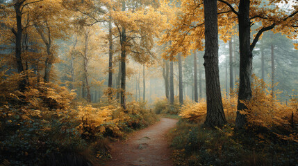 Obraz premium Vbe, cozy golden autumn forest path ready for holiday preparation.