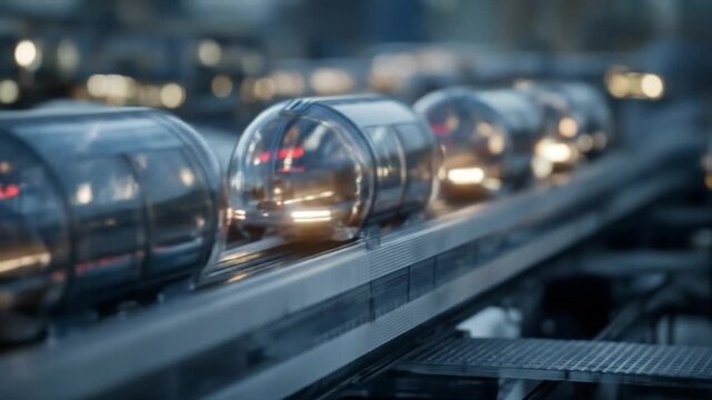 Futuristic autonomous capsule train moving on elevated track in smart city transportation video clip footage