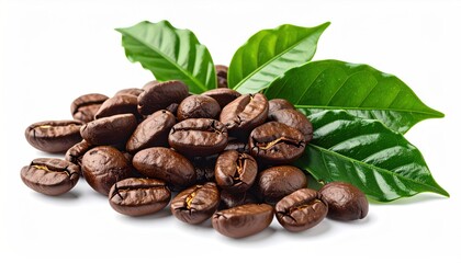 Fototapeta premium Rich, brown coffee beans are arranged with vibrant green leaves. Beans exhibit smooth textures, piled naturally in the light