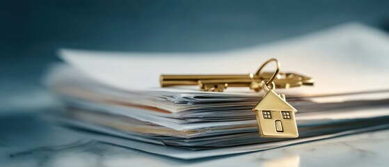 The elegant golden key and house-shaped lock on important real estate documents.
