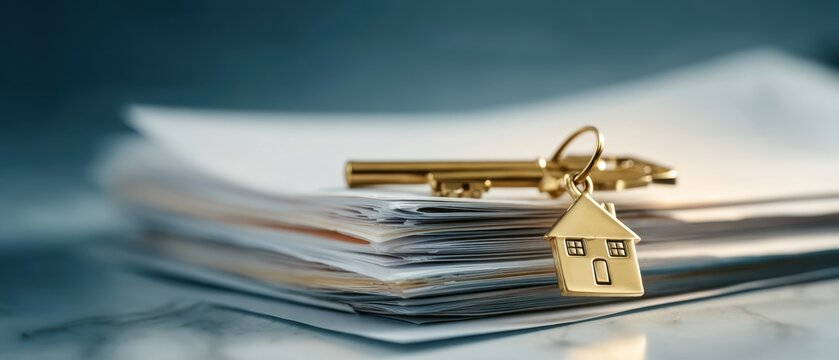 The elegant golden key and house-shaped lock on important real estate documents. - Powered by Adobe