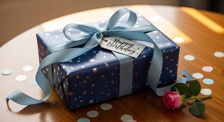 A Beautifully Wrapped Birthday Gift with a Pink Rose.