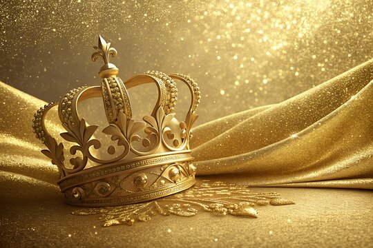 Opulent golden crown resting on luxurious gilded fabric