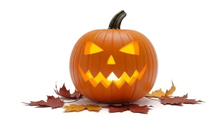 Spooky Jack-o'-Lantern A Glowing Pumpkin with Carved Face and Fall Foliage for Halloween Celebrations