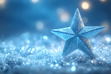 Blue Glitter Star with Sparkling Bokeh Background
