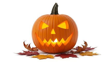 Jack-o'-lantern with glowing eyes and a spooky carved face surrounded by autumn leaves, perfect for Halloween decorations and themes
