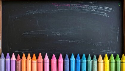 Crayons line the bottom of a chalkboard, offering a colorful border to the blank, dark background, suggesting creativity and learning