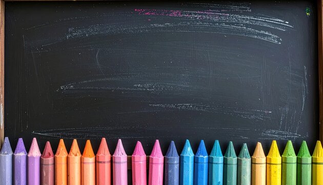 Crayons line the bottom of a chalkboard, offering a colorful border to the blank, dark background, suggesting creativity and learning