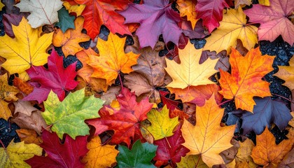 Obraz premium A vibrant tapestry of fallen maple leaves in autumnal hues, densely packed together, displaying a range of colors on a dark background