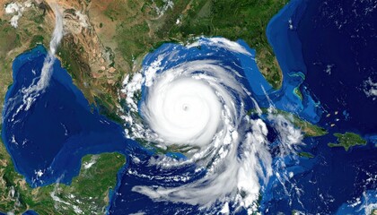 Overhead view of a vast, spiraling hurricane over the sea, with vivid blues, greens, and whites dominating the image. Earth and clouds visible