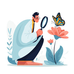 Scientist meticulously examines a butterfly perched on a flower using a magnifying glass.