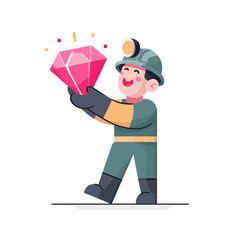 Happy miner proudly displays a large, sparkling pink diamond.