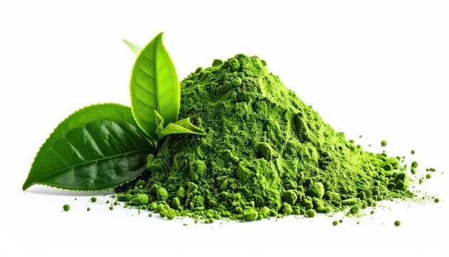 Vibrant pile of green matcha powder rests near fresh, verdant tea leaves, softly lit against a stark white backdrop, evoking freshness