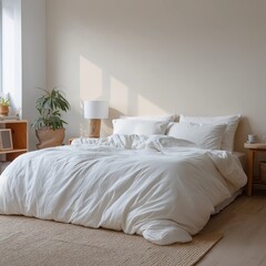Minimalist bedroom interior with white bedding, natural light and simple décor.