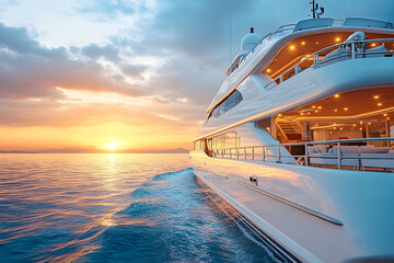 Luxury Yacht at Sea During Sunset Cruise