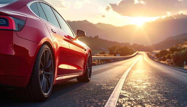 Sleek red car races down a long road bathed in sunlight, with mountains in the distance and a clear blue sky