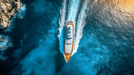 Overhead Aerial of Yacht Sailing in Blue Ocean