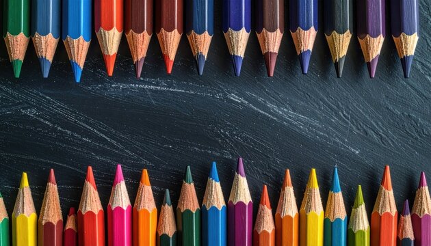 Rows of sharpened, brightly colored pencils are arranged symmetrically on a textured, dark surface, creating a vibrant, geometric composition