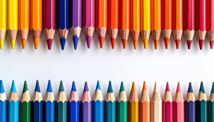 Fototapeta premium Two rows of sharpened colored pencils face each other on white. Hues transition in rainbow order, top and bottom, leaving center space