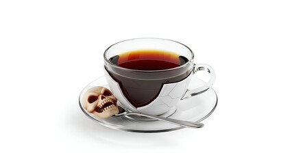 Creepy dark tea served in a cracked teacup with skull and saucer isolated on white background