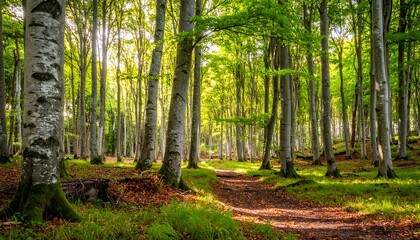 Obraz premium Sunlit Forest Path Through Tall Trees with Green Foliage and Mossy Ground.