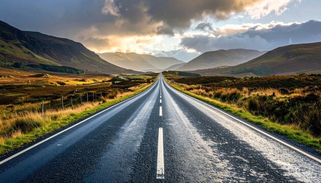 A straight asphalt road leads into a distant valley, flanked by hills, under a partly cloudy, glowing sky at sunset