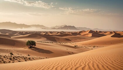 A vast, golden sandscape with gentle undulations and a lone tree, framed by distant, hazy mountains under a soft, diffused sky