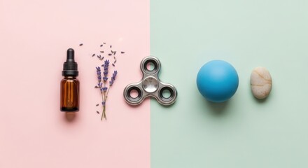 Aromatic oil, lavender, fidget spinner, stress ball, and stone on split background