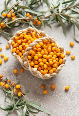 Fresh sea buckthorn berries overflowing a small basket on a textured surface