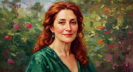 Portrait of a beautiful woman with red hair in a garden setting