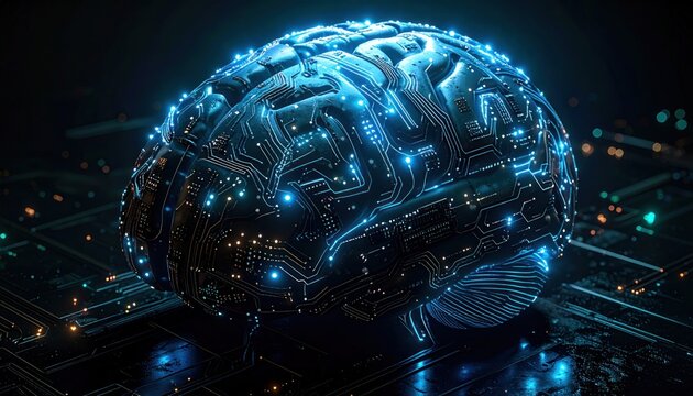 A futuristic glowing brain made of circuit boards sits on a dark surface with neon lights. It is detailed and intricate, emitting blue light