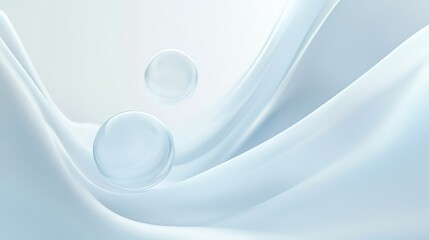 Elegant White Silk Wavy Fabric with Transparent Bubbles: Beauty Skincare Cosmetics Promotion Design Material for Premium Brand Visuals