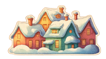 Retro Cozy Snow Covered Christmas Village Houses Sticker Illustration