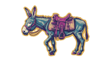 Retro Vintage Donkey Sticker Illustration with Purple Saddle and Harness