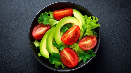 Fresh and Colorful Salad Bowl with Avocado and Tomato Close-Up View