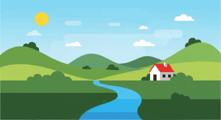 Idyllic Green Hills Landscape with River and Small House Flat Design Vector